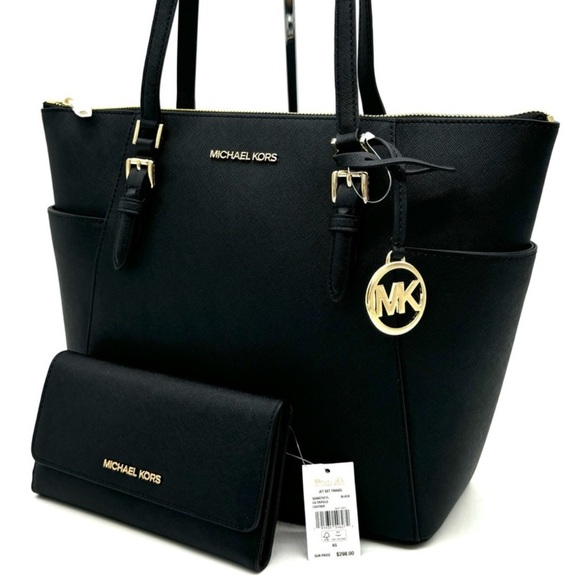 Michael Kors Large Charlotte TZ Tote Bag & Large Trifold Wallet Black/Gold - Picture 1 of 14